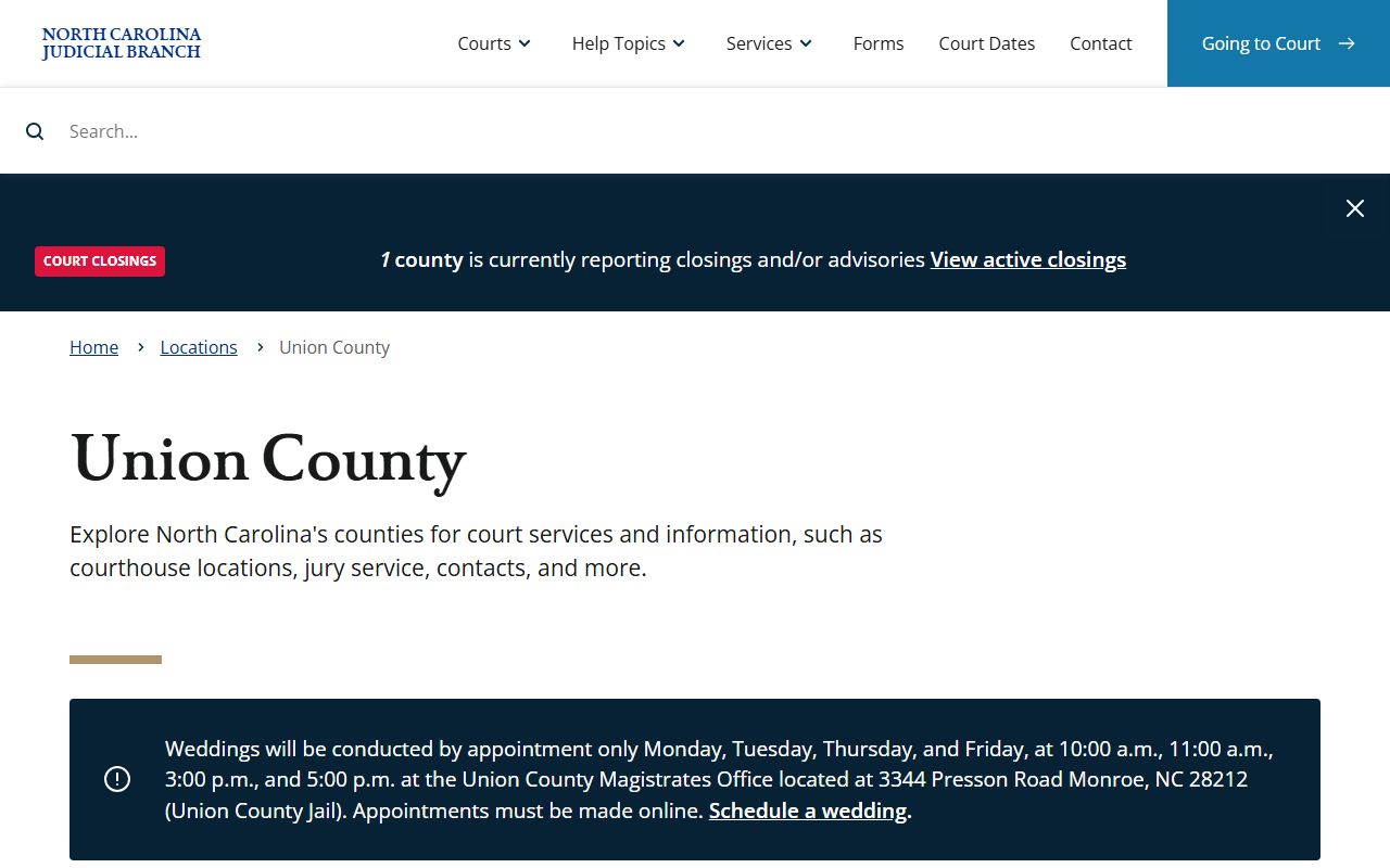 Union County Court records landing page on the North Carolina Judicial Branch site