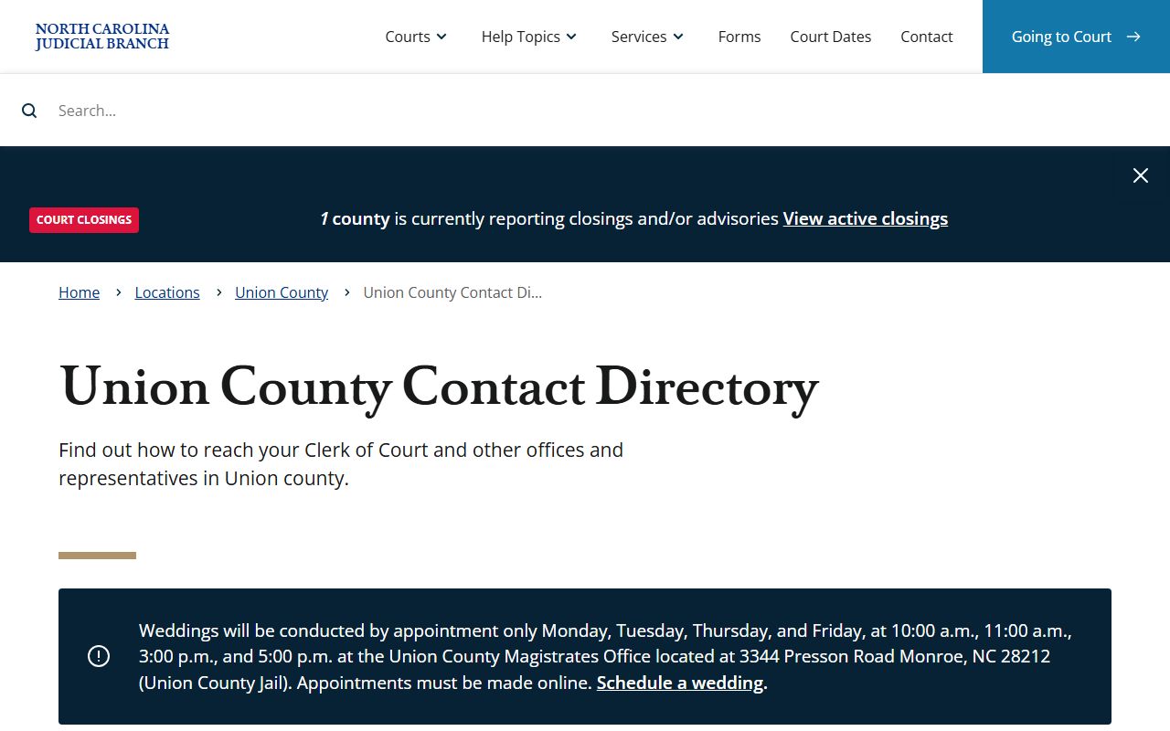 Union County Court contact directory for the Clerk of Superior Court and judges
