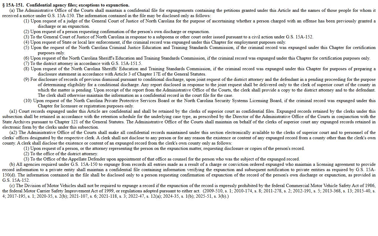 North Carolina expunction confidentiality statute affecting Union County court dockets