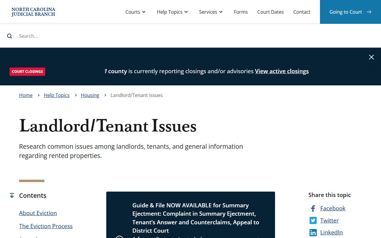 Union County court records help page for landlord and tenant cases in North Carolina