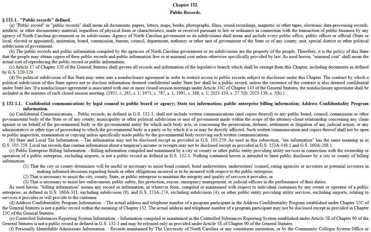 North Carolina Public Records Act that governs access to Union County court records