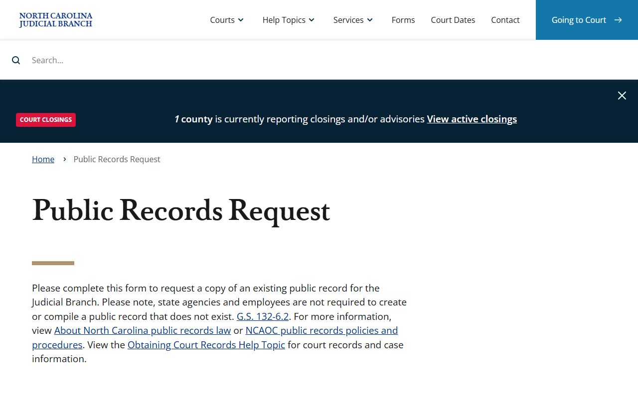 NCAOC public record request page for Union County court records guidance