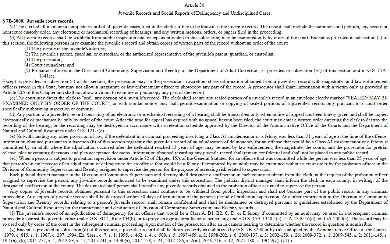 Statute page for confidential juvenile court records affecting Union County criminal records