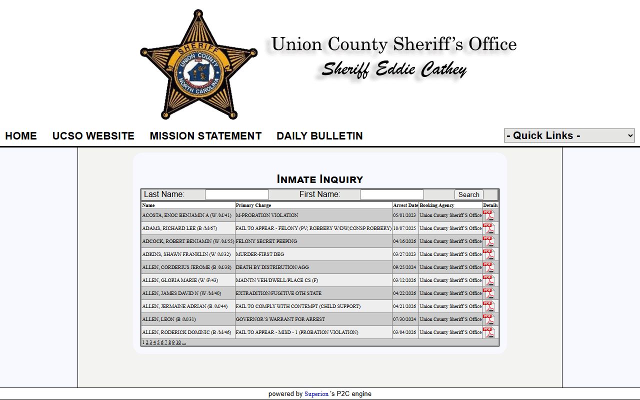 Union County inmate records roster on the Sheriff's Office P2C inmate inquiry page