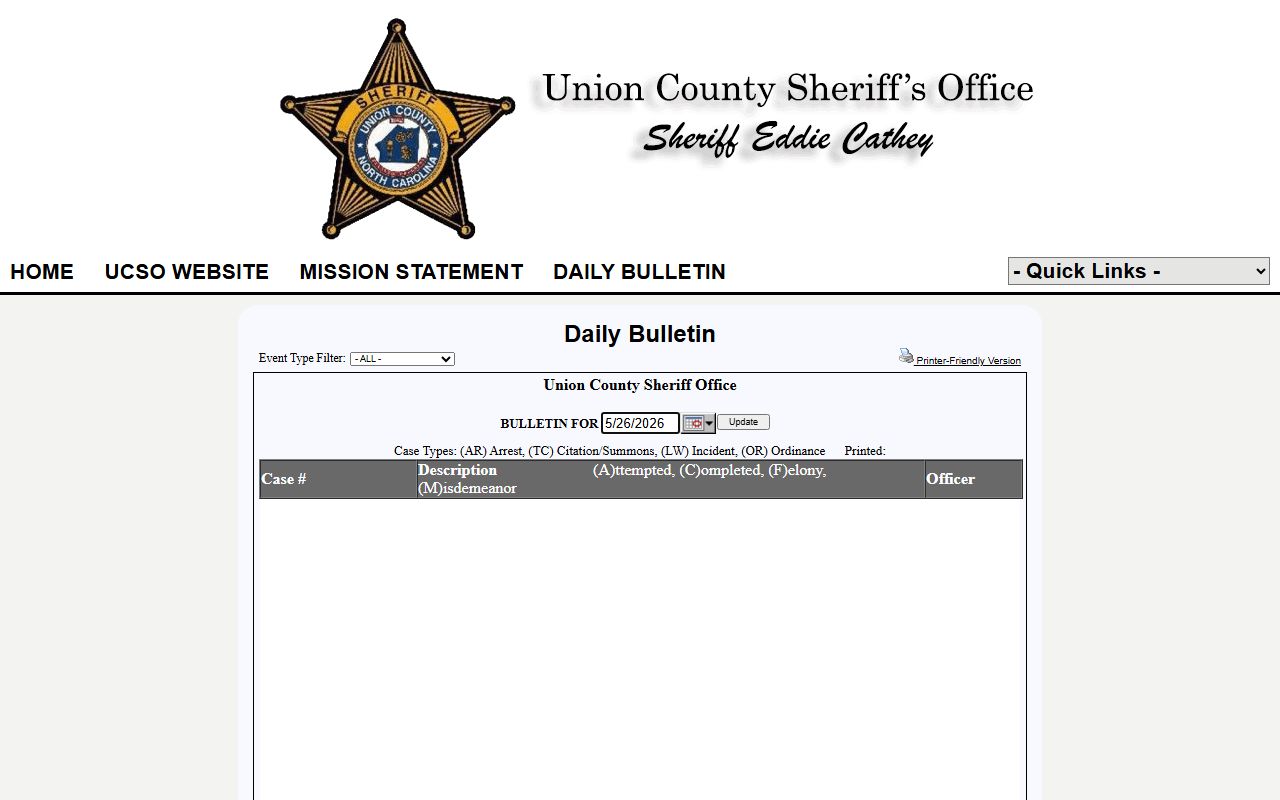 Union County inmate records daily bulletin on the Sheriff's P2C portal