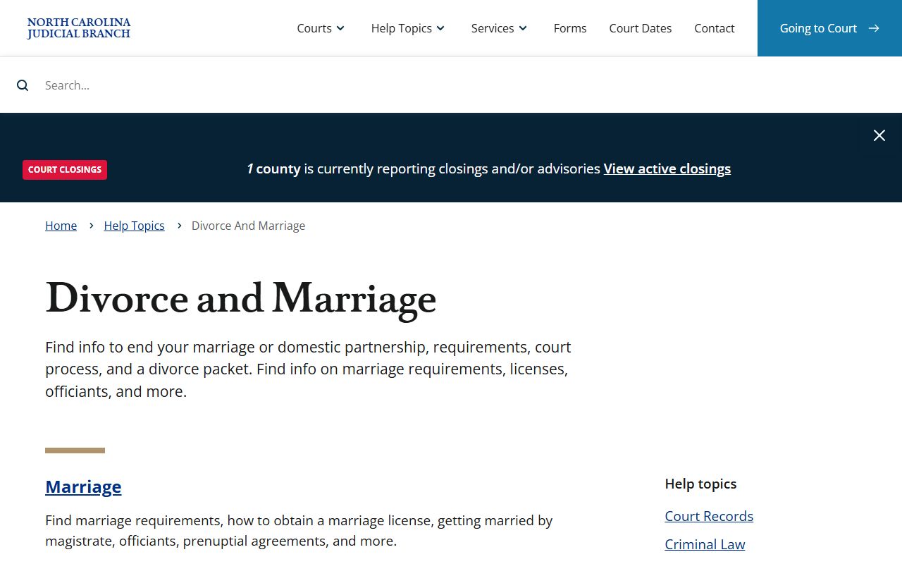 Union County marriage and divorce records guidance on the North Carolina Judicial Branch site