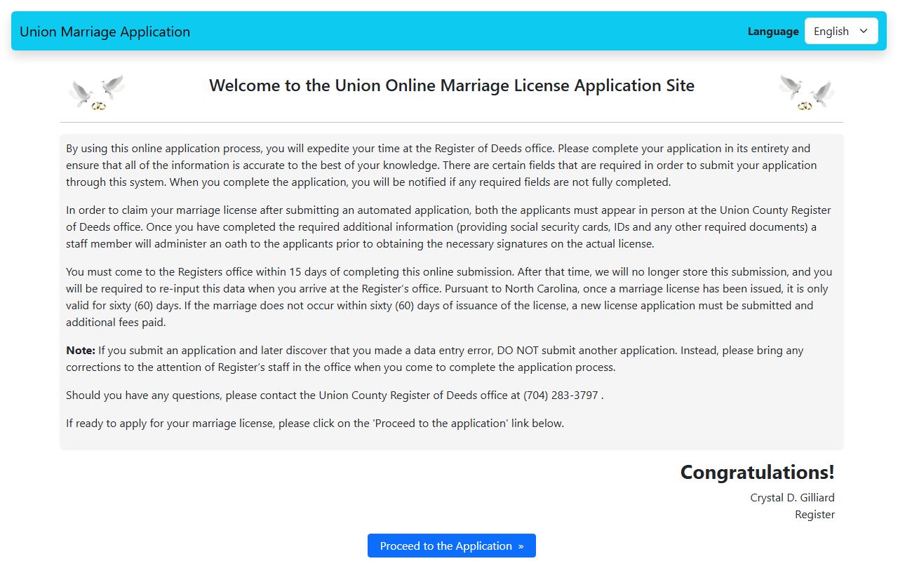 Union County marriage records online license application portal