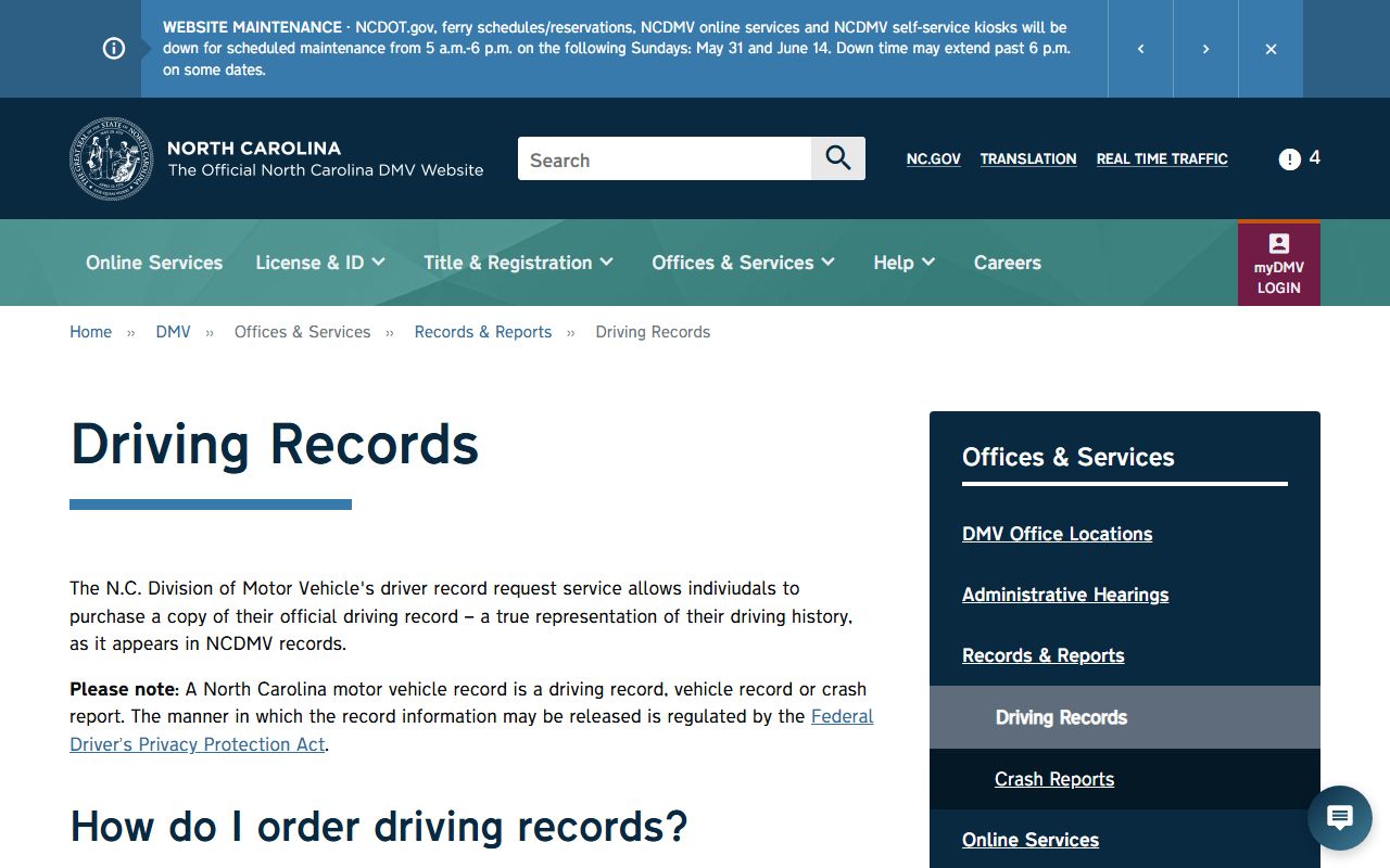 NCDMV driving records page used alongside Union County traffic court records